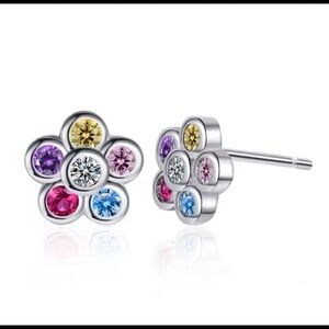 Pure silver Rose Flower Stud with multicolor gemstones  #203